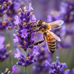 Fototapeta premium Serene Honeybee Gathering Nectar in a Lavender Field - Agricultural Beauty and Pollination Concept