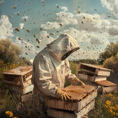 Beekeeper Harvesting Honey in Meadow with Beehives Backdrop