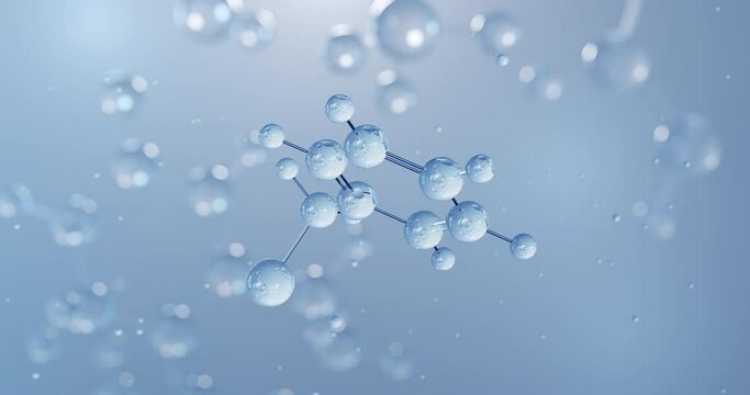 Benzyl chloride, rotating 3D model of reactive organochlorine compound, seamless looped video, molecular structure with selective focus