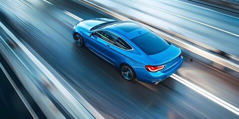Obraz premium Blue business car speeding down highway in rear view turning quickly. Concept Car Photography, Highway Speed, Blue Vehicle, Rear View, Quick Turn