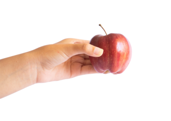 Hand gesture picking up fresh red apple on isolated white background