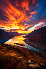 The Divine Artistry: A Serene Lake Resting in the Lap of Misty Mountains Under a Twilight Sky