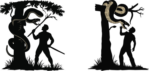 A man fighting with big snake vector art illustration