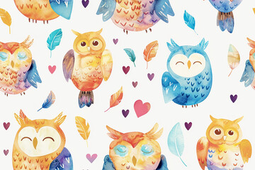 Obraz premium A whimsical seamless pattern with colorful owls and feathers on a white background, perfect for playful designs.