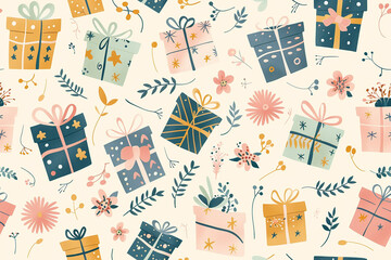 Seamless pattern of gift boxes with floral decorations on a beige background, perfect for festive and celebratory designs.