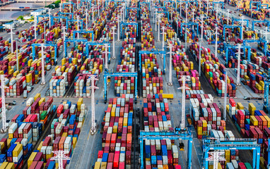 Aerial view of Container Cargo freight ship for Logistic Import Export background