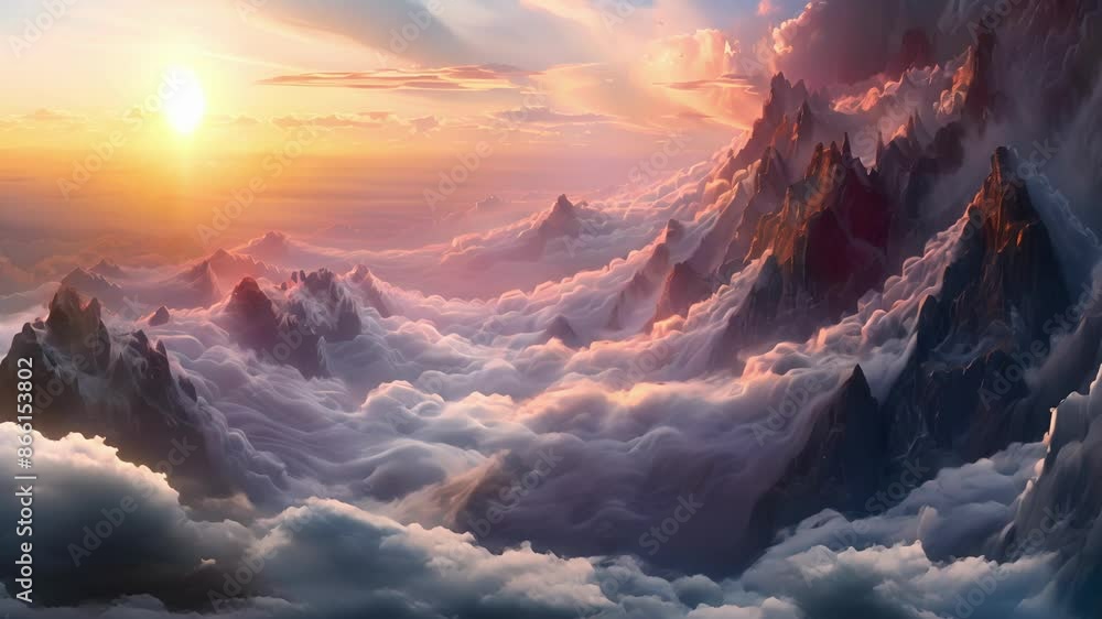 Poster a mountain range submerged in a sea of swirling clouds creating an otherworldly and surreal landscap