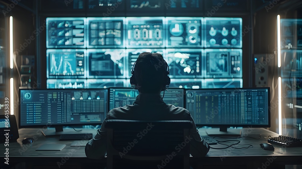 Poster hacker accessing a financial institution s database with screens filled with financial data