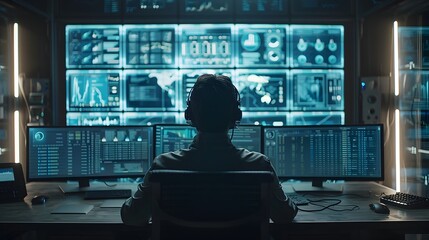 Hacker Accessing a Financial Institution s Database with Screens Filled with Financial Data