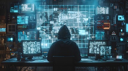 Hacker Orchestrating Cyber Attack on Digital Blueprints and Code Backdrop