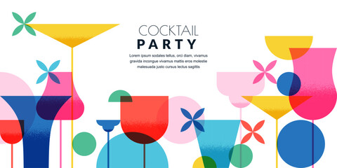 Cocktails party horizontal banner, poster, flyer template. Vector flat illustration. Abstract geometric color design. Alcoholic, non-alcoholic drinks cocktail menu, bar elements on white background