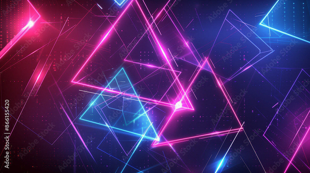 Poster abstract background with neon triangles, in a technological style. their intense light and geometric