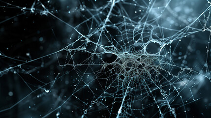 A view of an abstract fractal spider web on a dark background, decorated with a rough ornament of a broken, gloomy spider shape and particles.