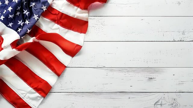 A large American flag flutters in the wind on a wooden white background. Video frame for text with flag