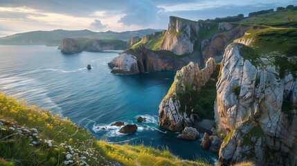 Picturesque seaside cliffs overlooking the ocean, where sheer rocks rise above the water, creating a spectacular view.
