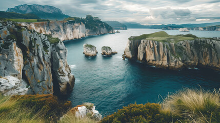 Picturesque seaside cliffs overlooking the ocean, where sheer rocks rise above the water, creating a spectacular view.