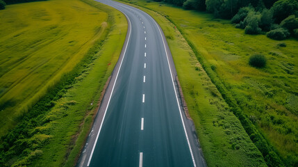 An empty stretch of highway seen from a bird's eye view, where the asphalt road stretches into the horizon, creating an abstract background.