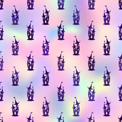 Halloween cute ghost castle neon rainbow seamless pattern. Vector cartoon purple dark castle on holographic gradient background. Cute Halloween iridescent print for wrapping, fabric, decor, textile.