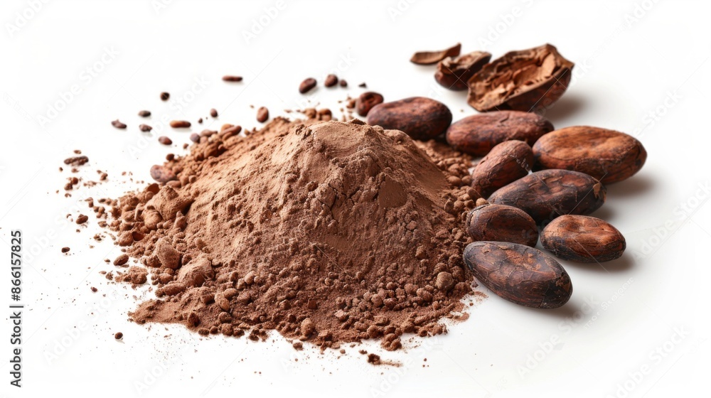 Poster cocoa powder and nibs on white background