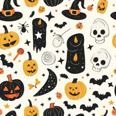 Seamless pattern with cute Halloween illustrations. pumpkins, skull, witch hat, bats and candles on a white background.  Ideal for wrapping paper, fabric, textiles, scrapbooking.