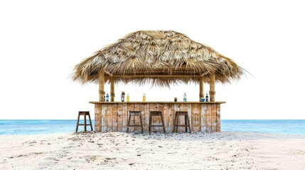 Fototapeta premium A wooden bar with a thatched roof on a beach with four stools and bottles of drinks on the counter