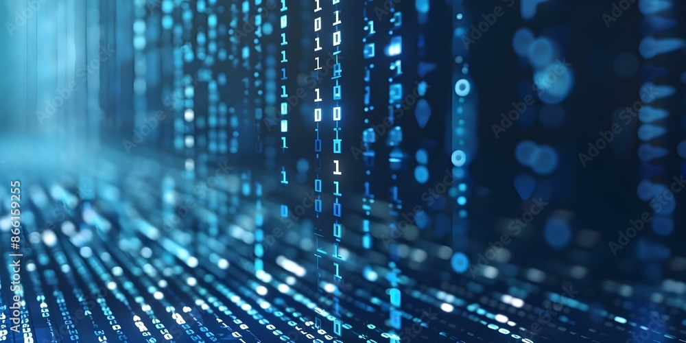 Poster abstract futuristic binary code symbolizing digital cybersecurity on blue networked background. conc