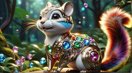 Jewel-Encrusted Mechanical Chipmunk in Forest