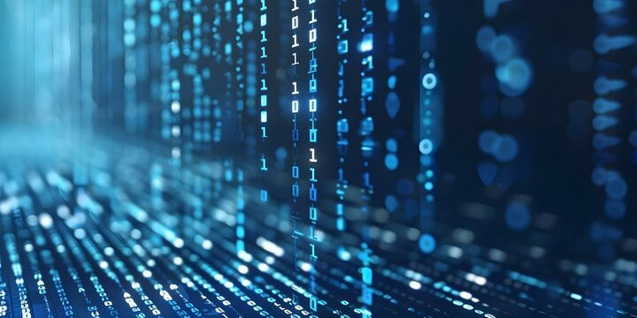 Abstract futuristic binary code symbolizing digital cybersecurity on blue networked background. Concept Cybersecurity, Binary Code, Futuristic, Digital Protection, Network Security