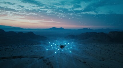 In the twilight desert, a network distribution in blue hues unfolds with a military unmanned drone concept, showcasing AI video streaming from above. AI generative