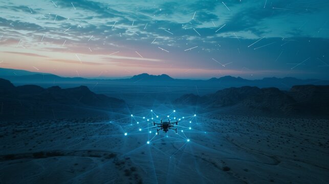 In the twilight desert, a network distribution in blue hues unfolds with a military unmanned drone concept, showcasing AI video streaming from above. AI generative