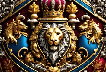 Fototapeta premium vibrant family coat arms proud symbols, crest, colorful, elements, shield, lion, crown, tree, heart, stars, wings, sun, moon, flag, eagle, sword, key