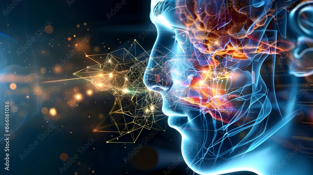 Poster futuristic brain infographic visualizing neural networks and energy connections