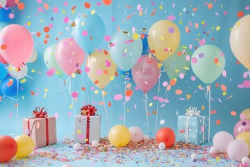 A festive scene of bright balloons, confetti, and presents set against a blue background, perfect for capturing joyful moments at a childs birthday party. Generative AI