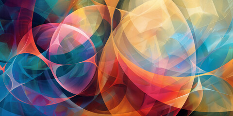 This is a vibrant abstract image featuring a complex array of colorful geometric patterns intertwined with various shapes, creating a visually stunning and dynamic composition.