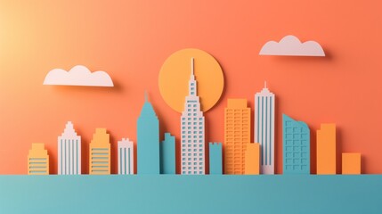 Fototapeta premium Illustration of a paper cutout city skyline against an orange sunset.