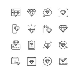 Set of diamond related icons, bright, treasure, jewellry, gems, rich and linear variety vectors.	
