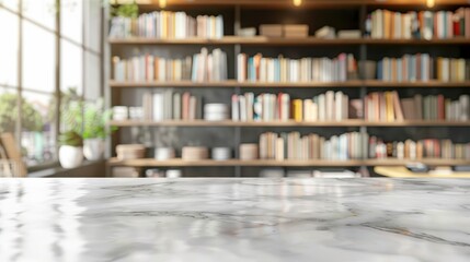 Empty marble table with blurred bookshelf behind