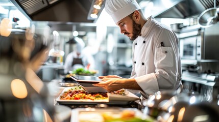 Close up of professional chef hands using tablet or innovation technology while cooking form recipe. Skilled cock wearing cook uniform while looking at food recipe. Futuristic cocking concept. AIG42.