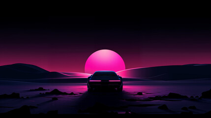 Obraz premium Retro futuristic car silhouette driving toward pink sunset in cyberpunk style, synthwave landscape wallpaper 