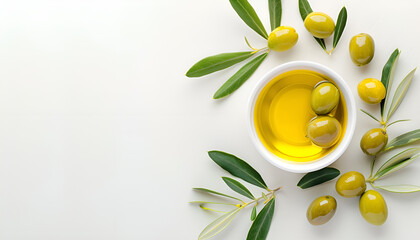 Bowl with olive oil and olives with leaves isolated on white background, top view