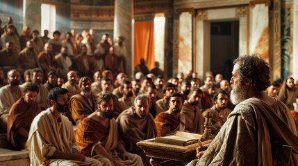 Obraz premium Ancient philosophers speaking to audience in a historical setting