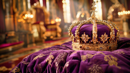 A king's crown on a purple vevet pillow