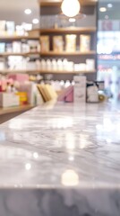 Obraz premium Close-up of marble countertop with blurred shelves & products in background