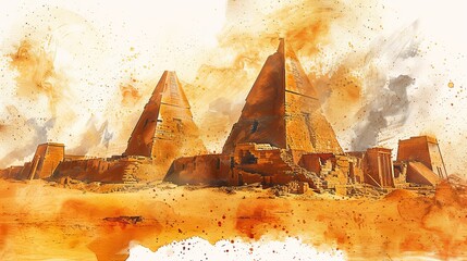Majestic Pyramids of Meroe in Sudan - Watercolor Illustration of Ancient Desert Structures