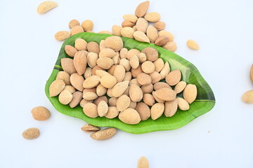 Almond with shell. It's other name Prunus amygdalus and Prunus dulcis. The almond is also the name of the edible and widely cultivated seed of this tree. indian almond.