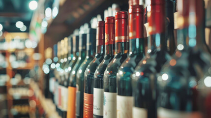 Various wine bottles on shelves in a wine store