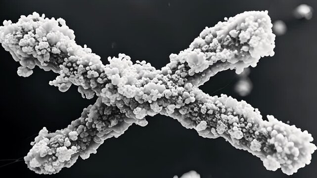 Electron microscope animation of a chromosome with shortened telomeres revealing the intricate structure of these protective endcaps.