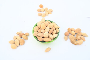 Almond with shell. It's other name Prunus amygdalus and Prunus dulcis. The almond is also the name of the edible and widely cultivated seed of this tree. indian almond.