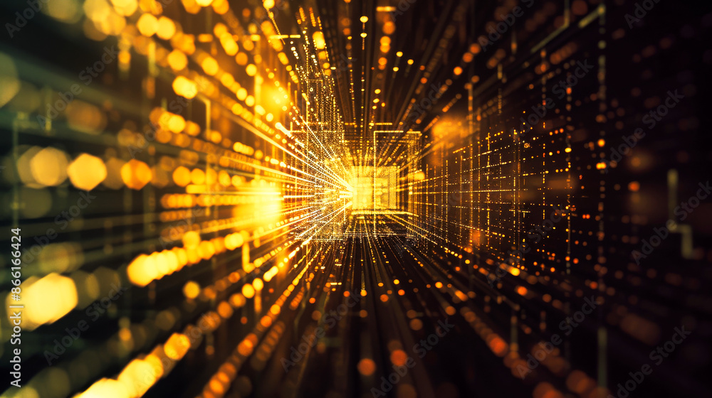 Poster digital background featuring an abstract, digital space with glowing lights and futuristic elements