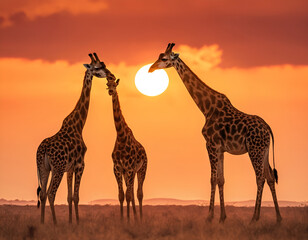 giraffe at sunset, giraffe in the savannah, giraffe in the sunset